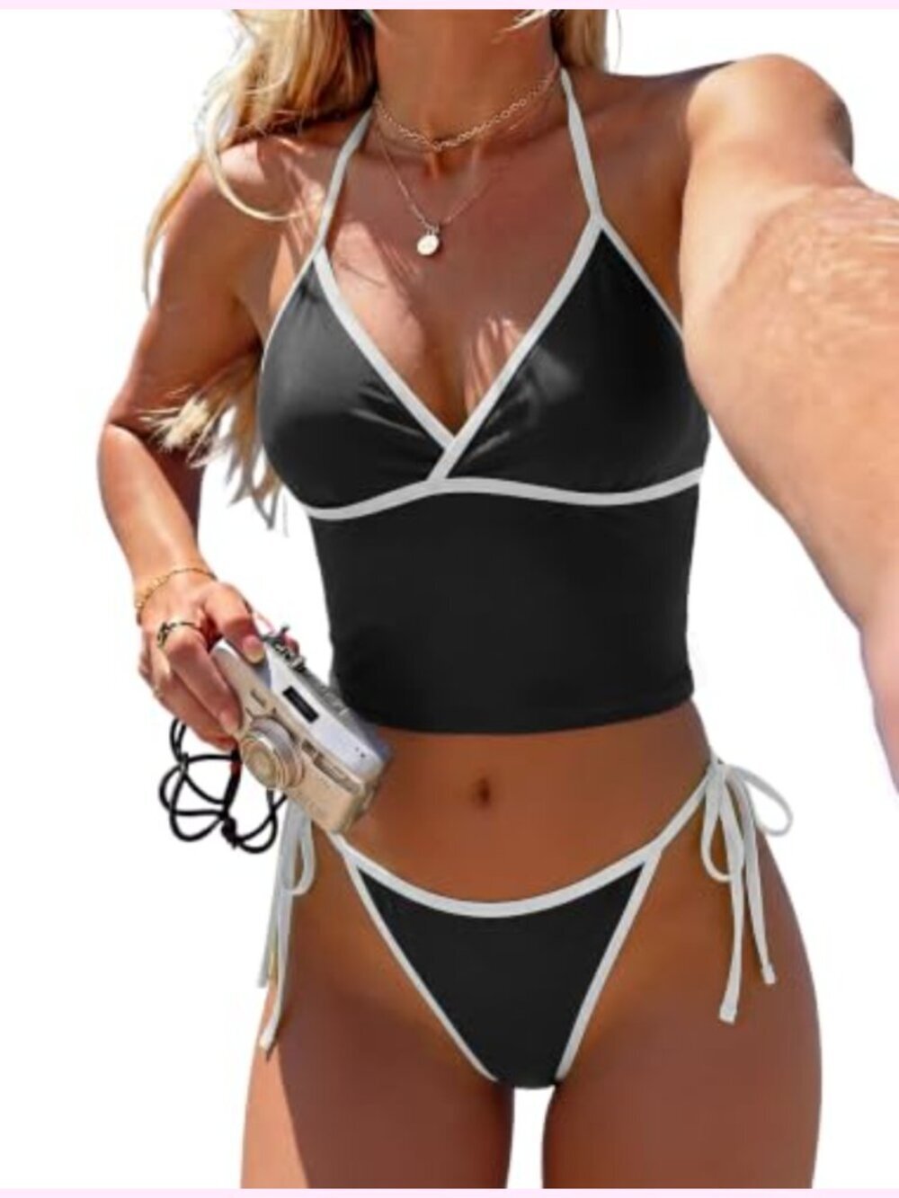 V Neck Crop Tankini Two Piece Swim Set with Cheeky Bikini Bottom